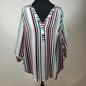 TORRID HARPER Striped V Neck Roll Tab Sleeve Tunic Top Plus Size 0 blouse large‎